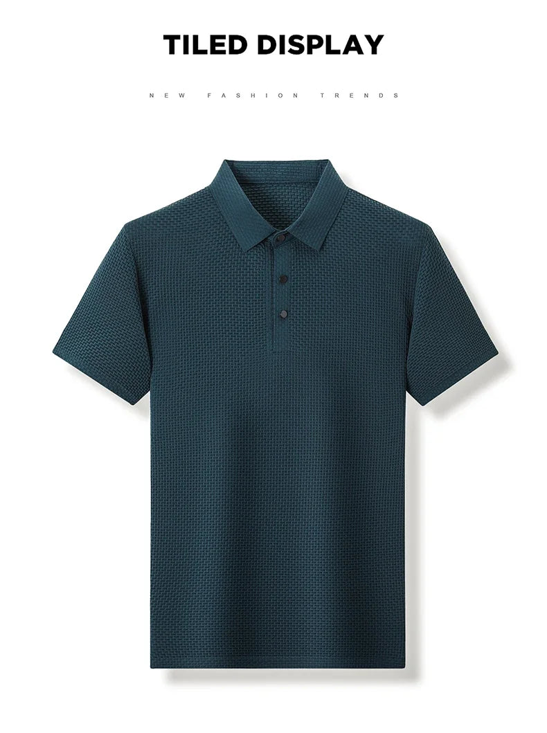 Camiseta polo masculina, seda gelada respirável.