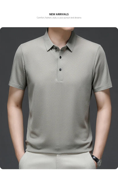 Camiseta polo masculina, seda gelada respirável.