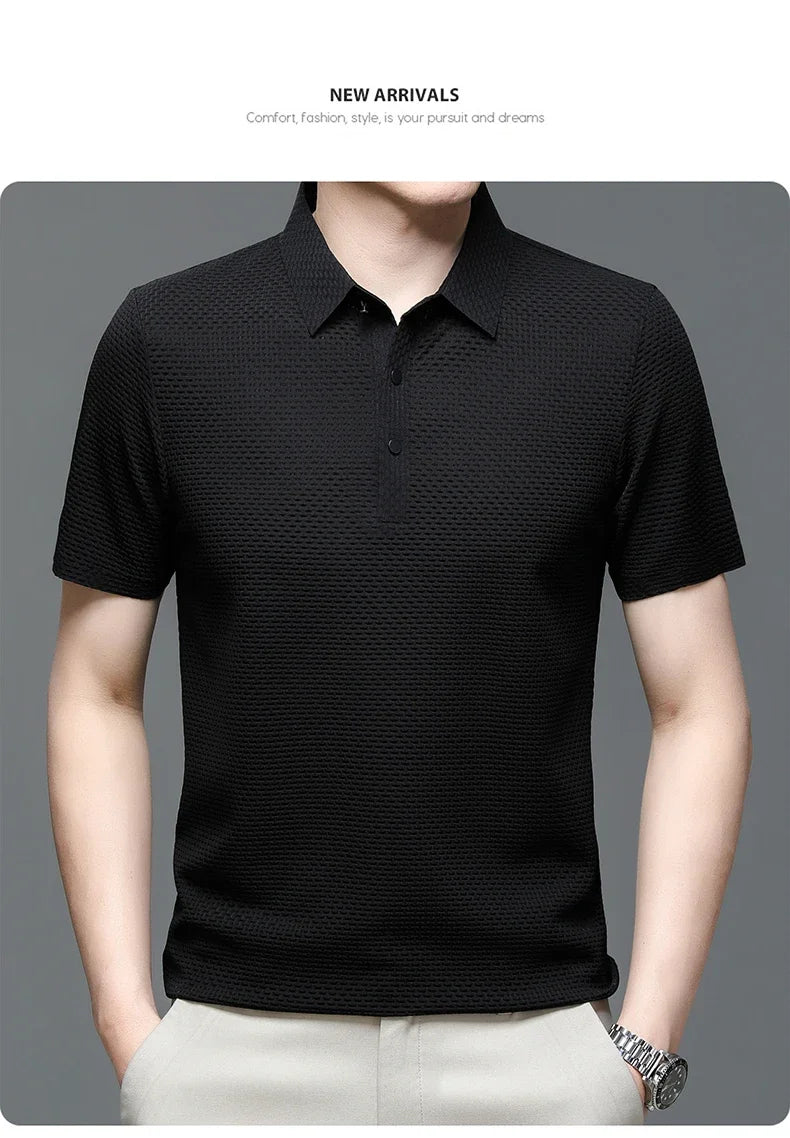 Camiseta polo masculina, seda gelada respirável.