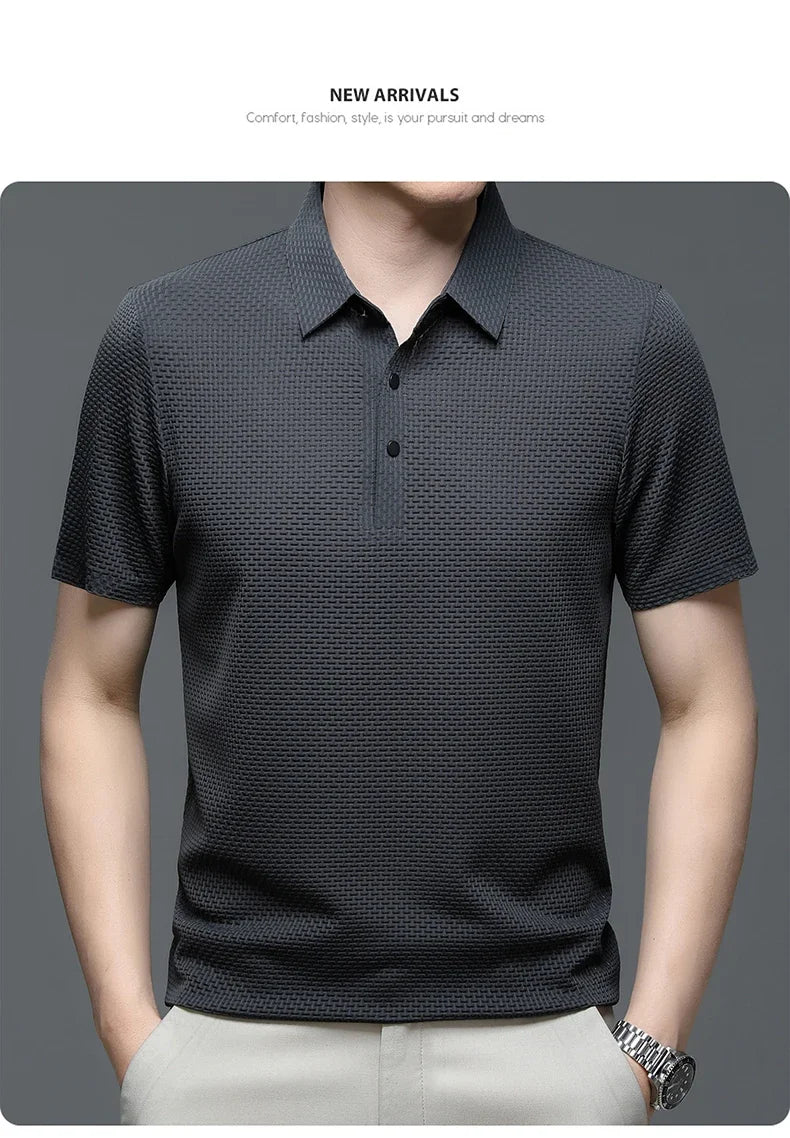 Camiseta polo masculina, seda gelada respirável.