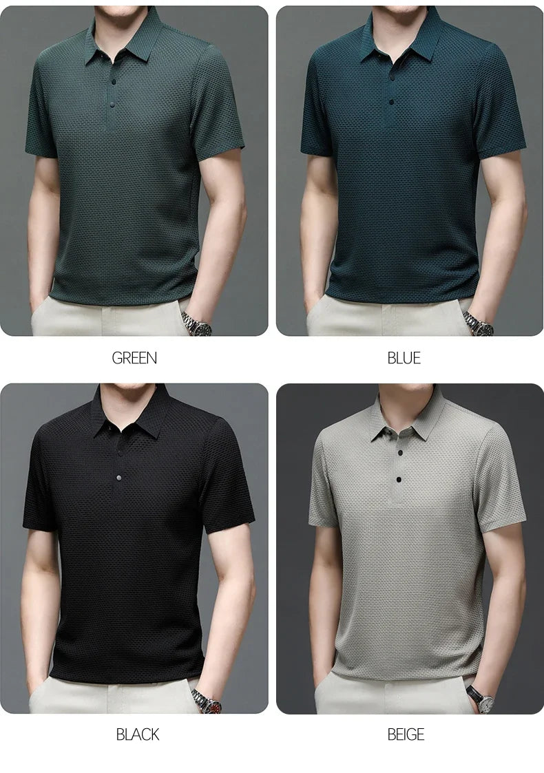 Camiseta polo masculina, seda gelada respirável.