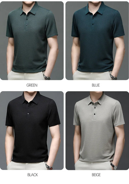 Camiseta polo masculina, seda gelada respirável.