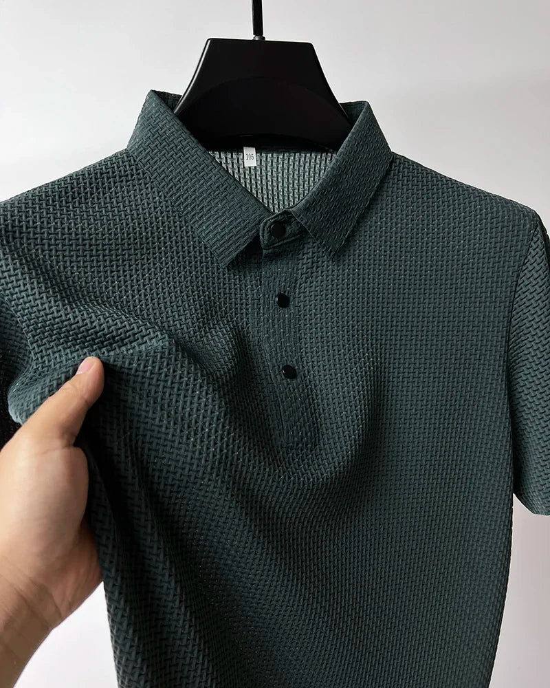 Camiseta polo masculina, seda gelada respirável.