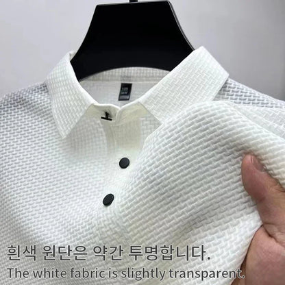 Camiseta polo masculina, seda gelada respirável.