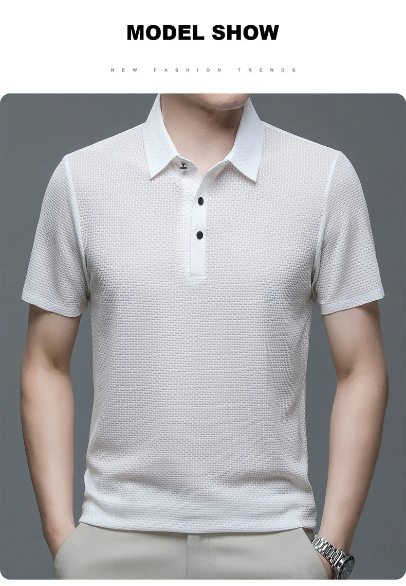 Camiseta polo masculina, seda gelada respirável.