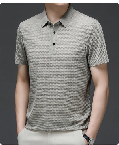 Camiseta polo masculina, seda gelada respirável.