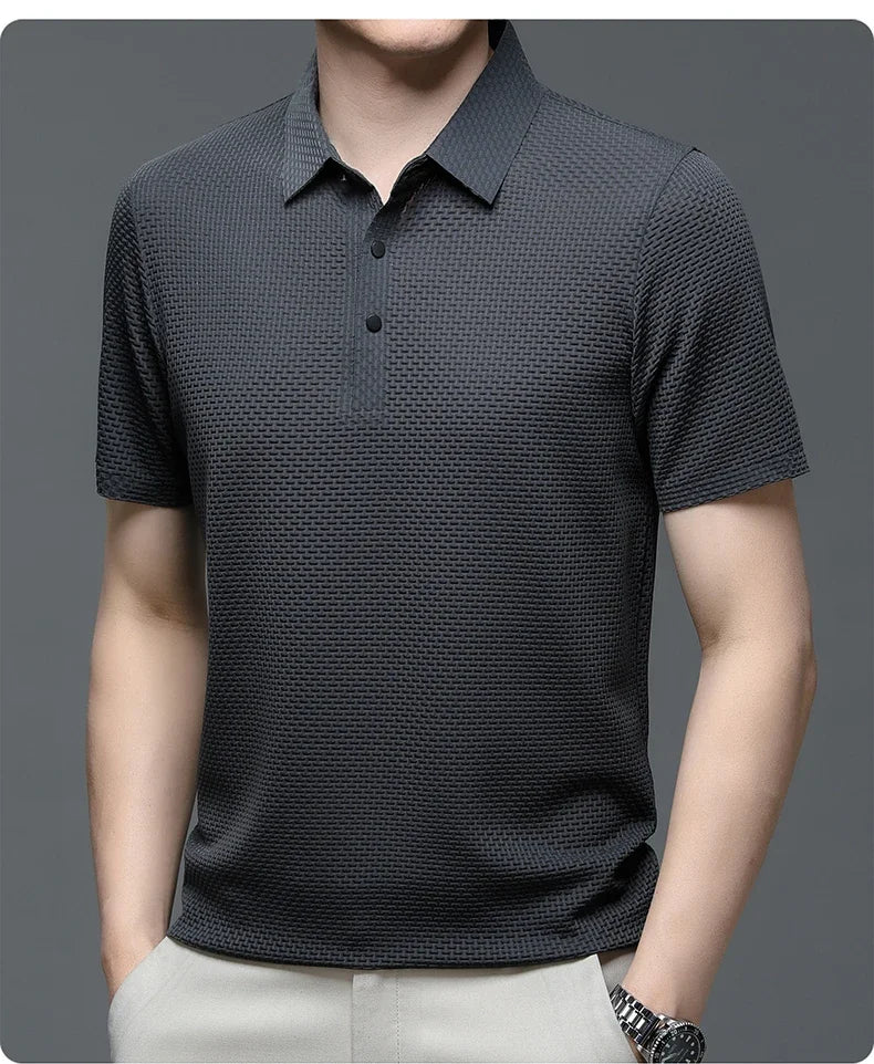 Camiseta polo masculina, seda gelada respirável.