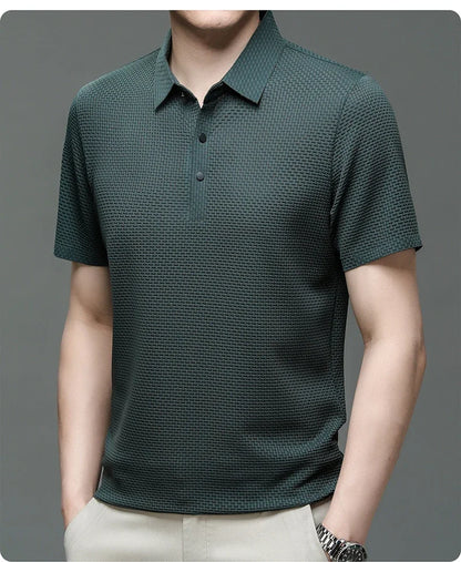 Camiseta polo masculina, seda gelada respirável.