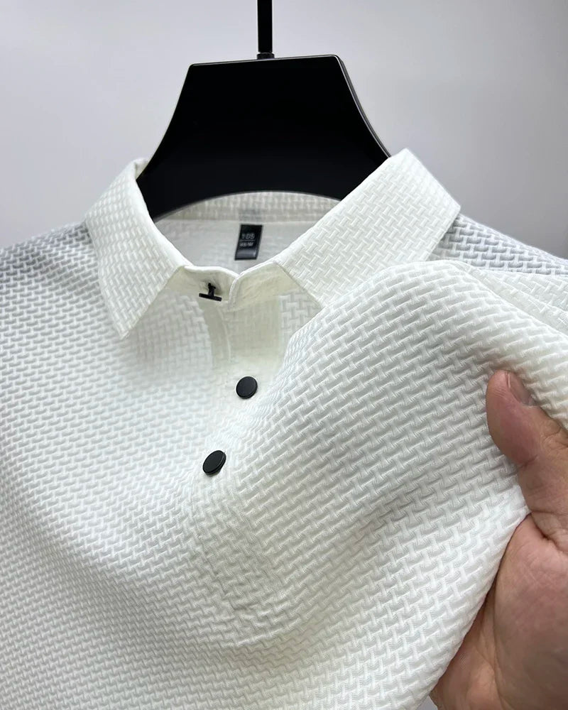 Camiseta polo masculina, seda gelada respirável.