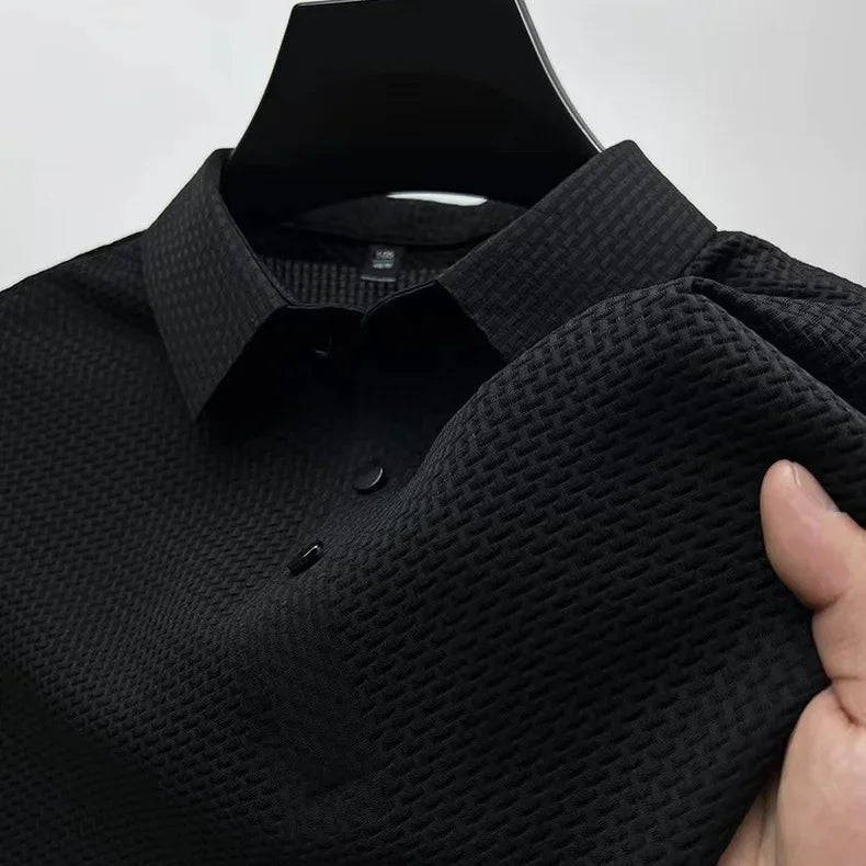 Camiseta polo masculina, seda gelada respirável.