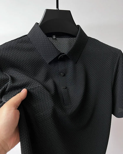 Camiseta polo masculina, seda gelada respirável.