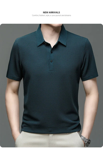 Camiseta polo masculina, seda gelada respirável.