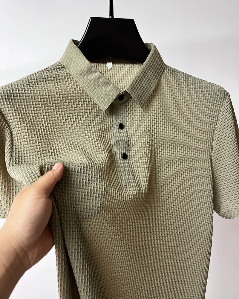 Camiseta polo masculina, seda gelada respirável.