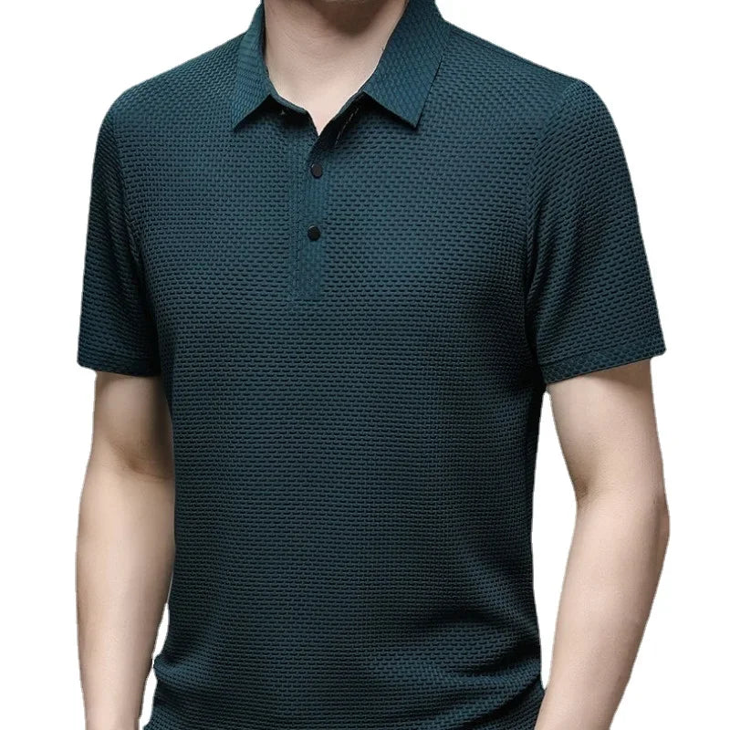 Camiseta polo masculina, seda gelada respirável.