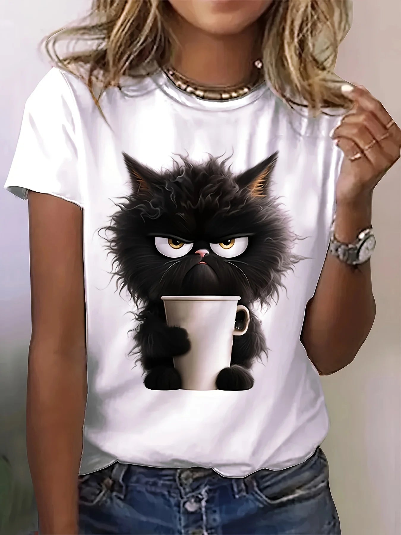 Camiseta feminina casual, estampa de gato.