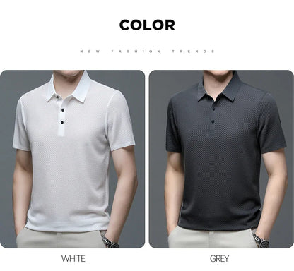 Camiseta polo masculina, seda gelada respirável.