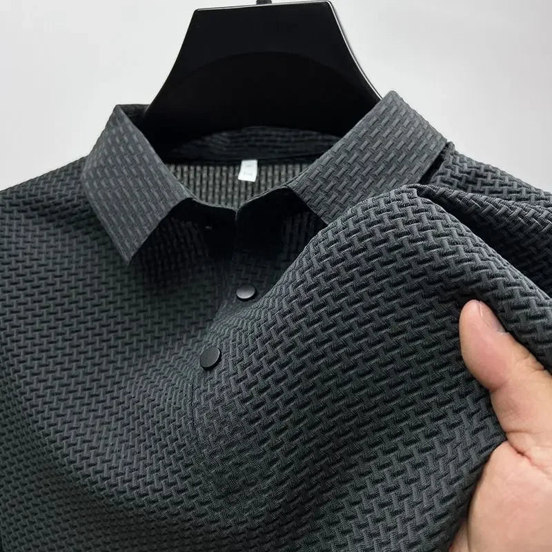 Camiseta polo masculina, seda gelada respirável.