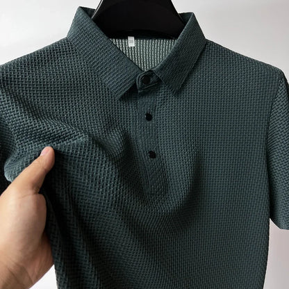 Camiseta polo masculina, seda gelada respirável.