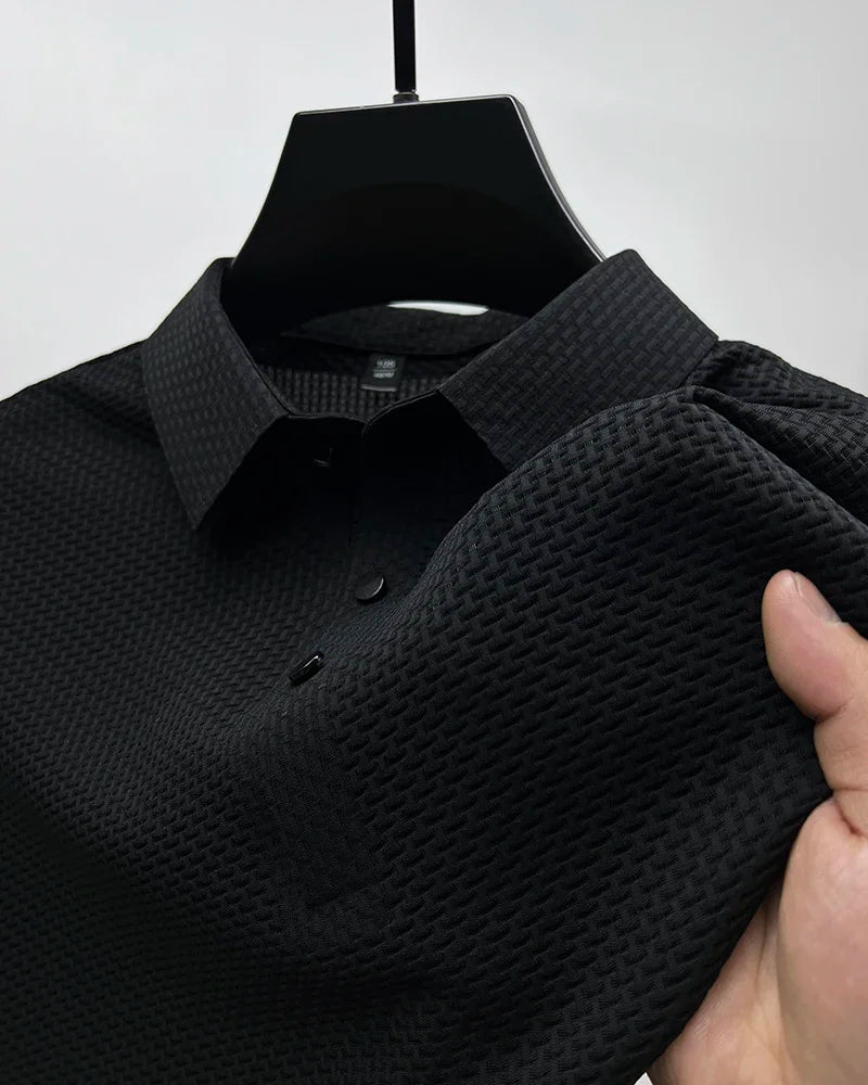 Camiseta polo masculina, seda gelada respirável.