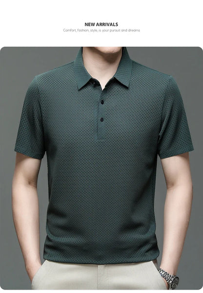 Camiseta polo masculina, seda gelada respirável.