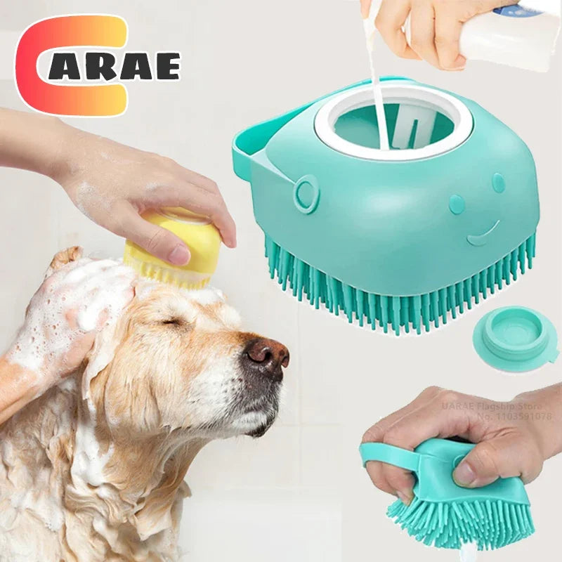 Escova massageadora com dispenser para pets.