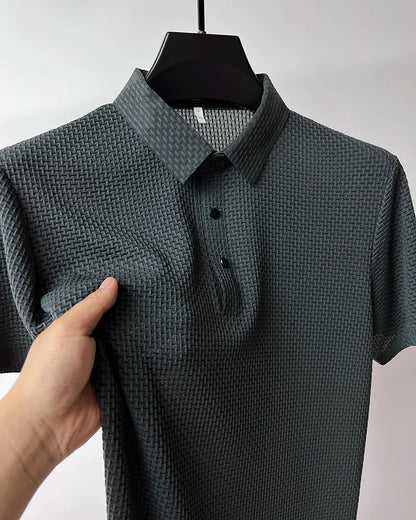 Camiseta polo masculina, seda gelada respirável.