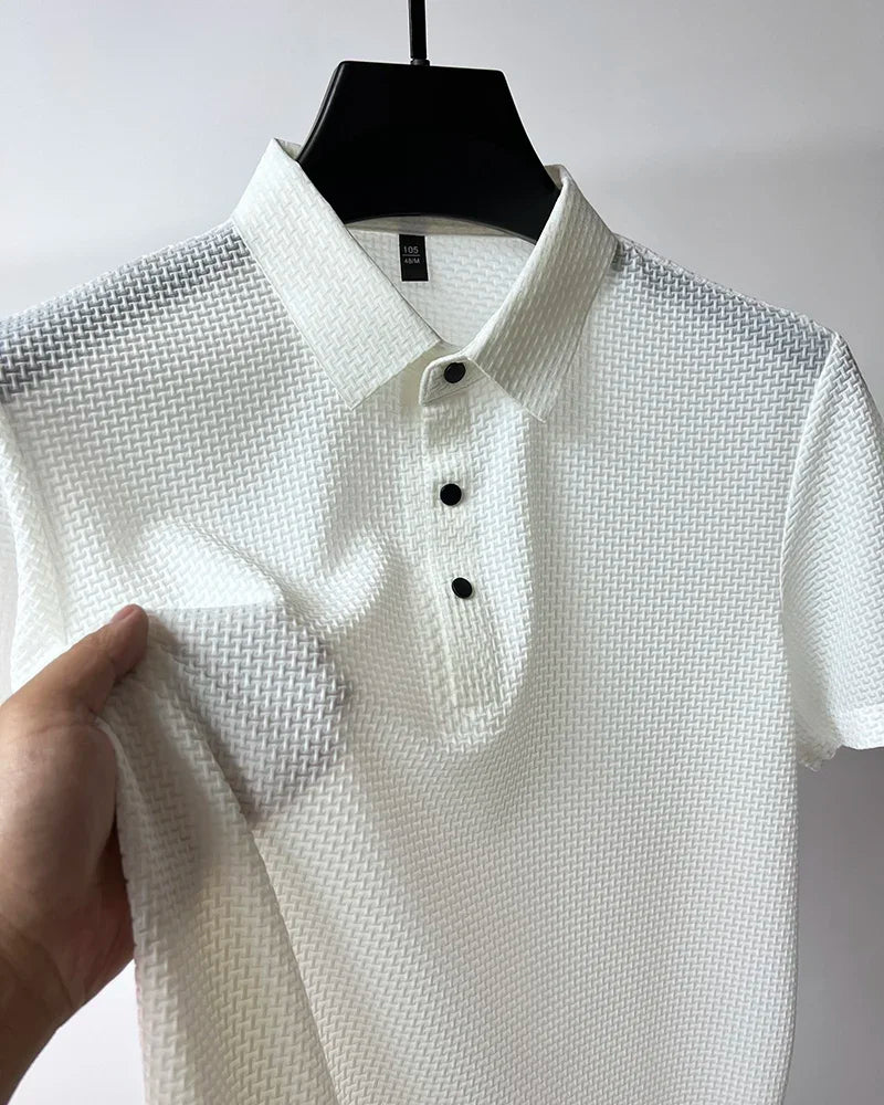 Camiseta polo masculina, seda gelada respirável.