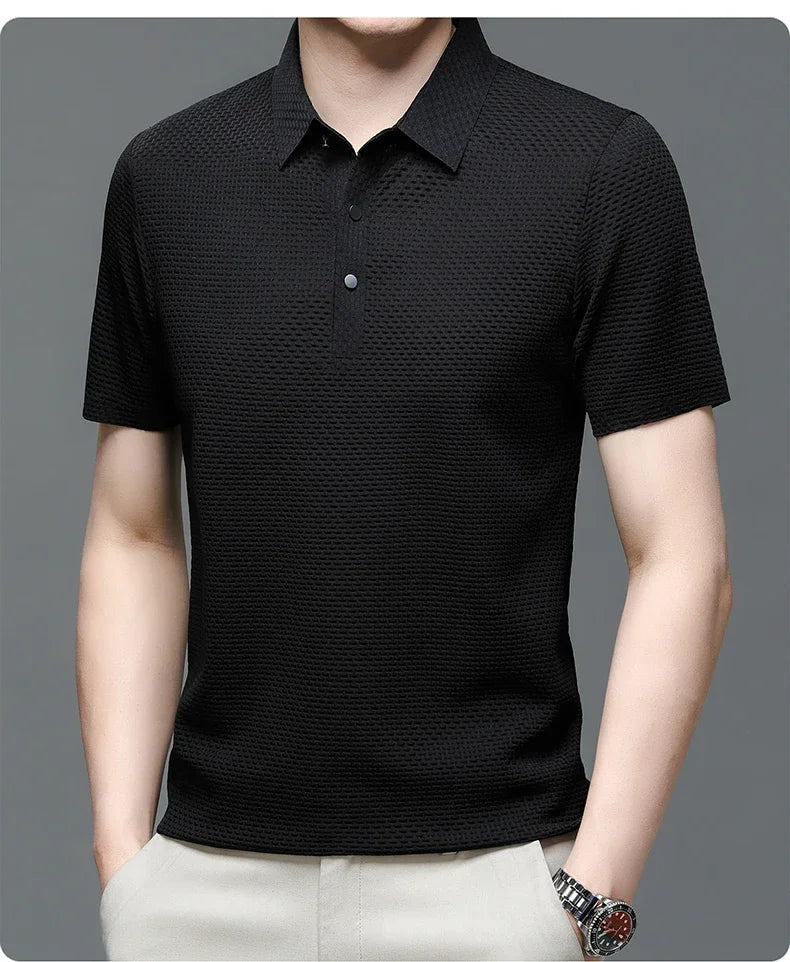 Camiseta polo masculina, seda gelada respirável.