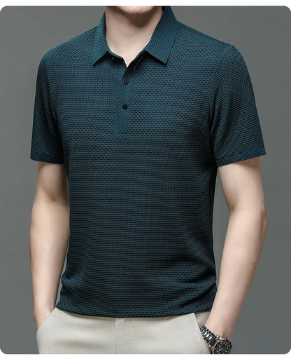 Camiseta polo masculina, seda gelada respirável.